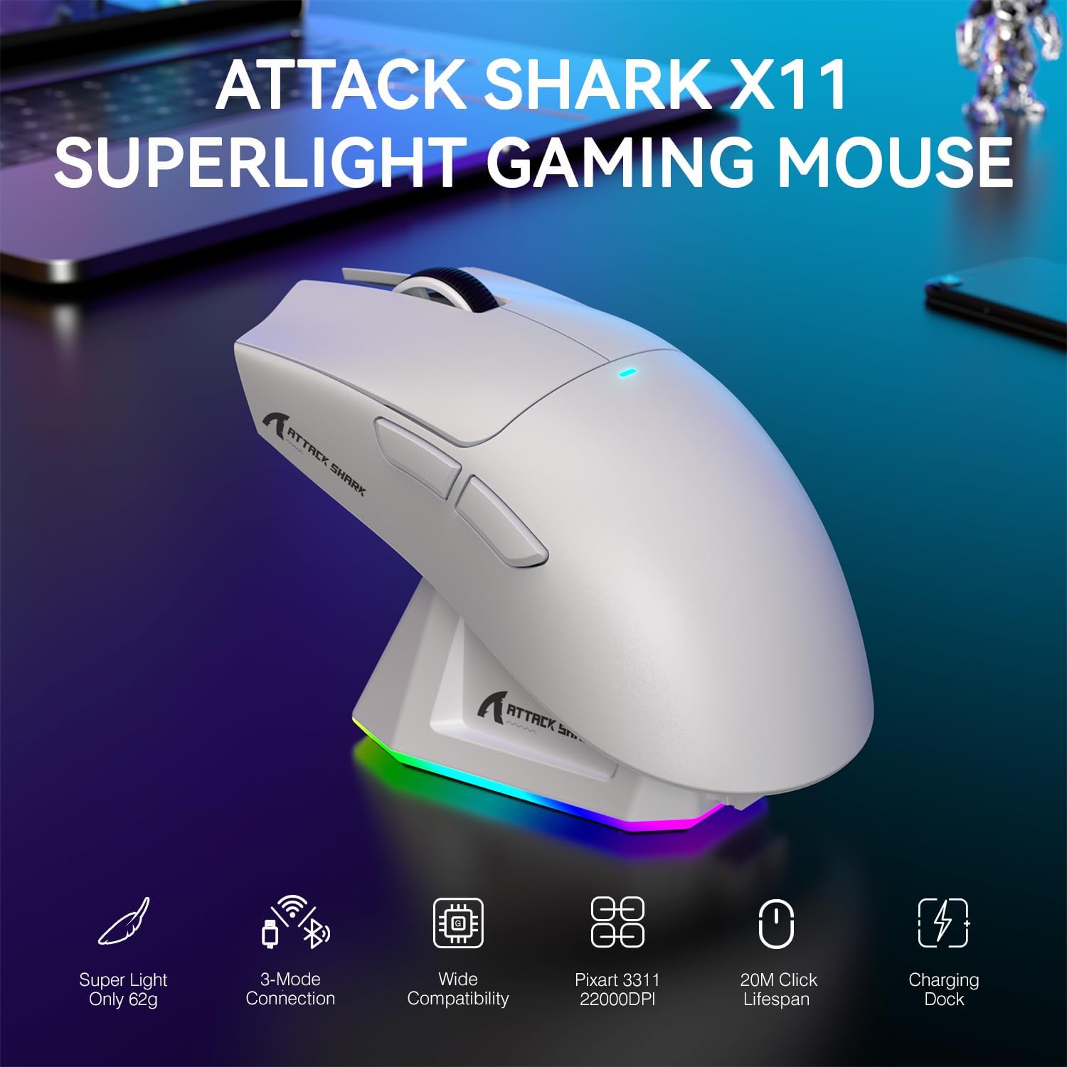 ATTACK SHARK X11 Mouse sem fio leve, 62g, RGB, conexão tri-modo (2.4G/USB-C/BT), 22K DPI, sensor PAW3311, 5 botões programáveis, base de carregamento RGB, compatível com PC/Mac-Branco