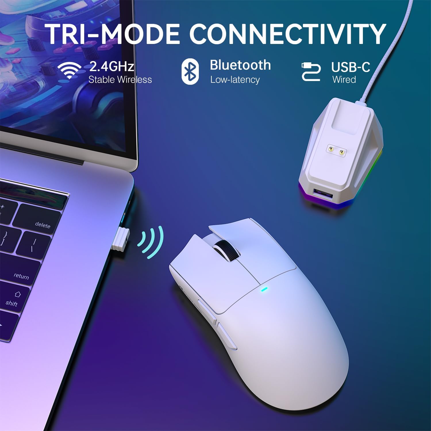 ATTACK SHARK X11 Mouse sem fio leve, 62g, RGB, conexão tri-modo (2.4G/USB-C/BT), 22K DPI, sensor PAW3311, 5 botões programáveis, base de carregamento RGB, compatível com PC/Mac-Branco