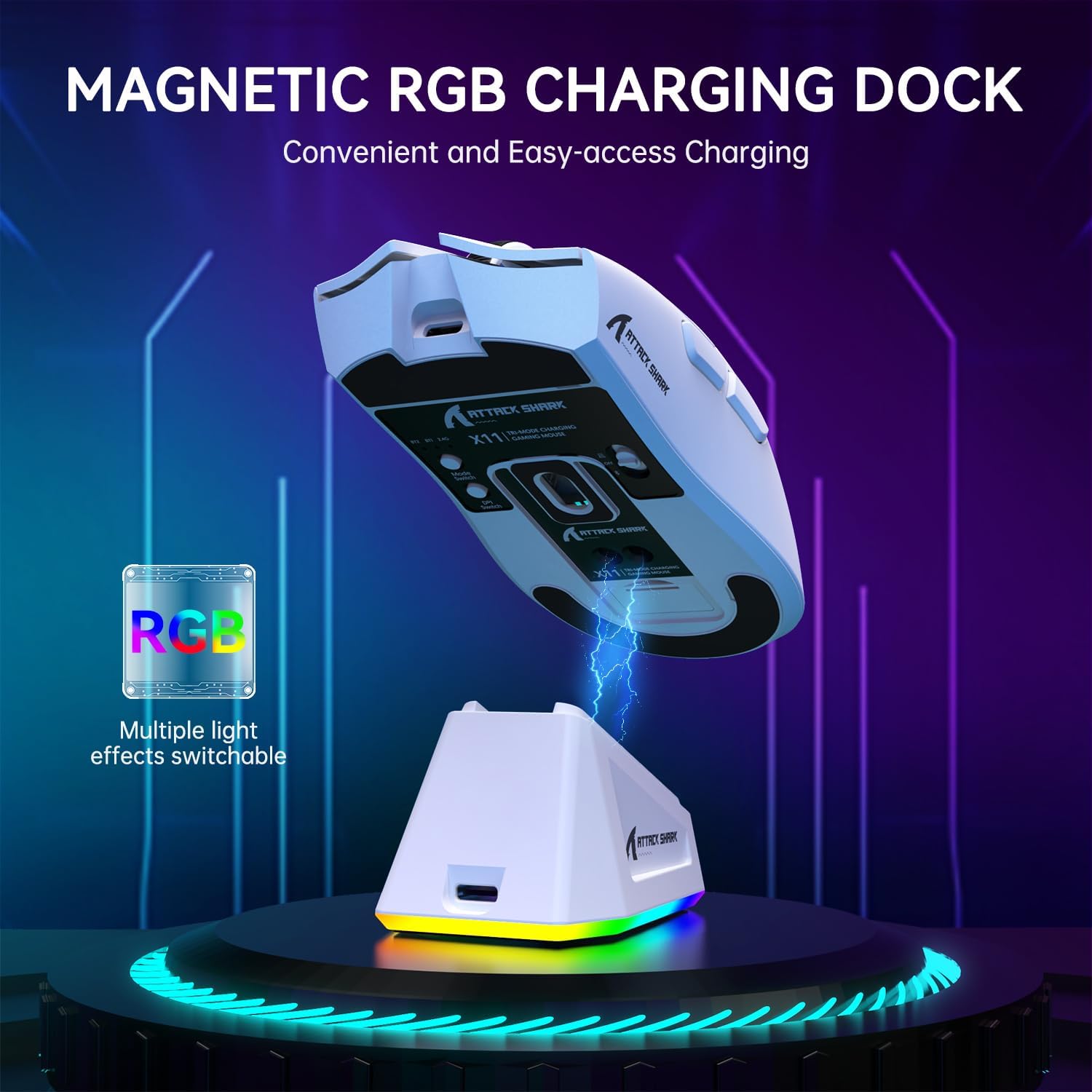 ATTACK SHARK X11 Mouse sem fio leve, 62g, RGB, conexão tri-modo (2.4G/USB-C/BT), 22K DPI, sensor PAW3311, 5 botões programáveis, base de carregamento RGB, compatível com PC/Mac-Branco
