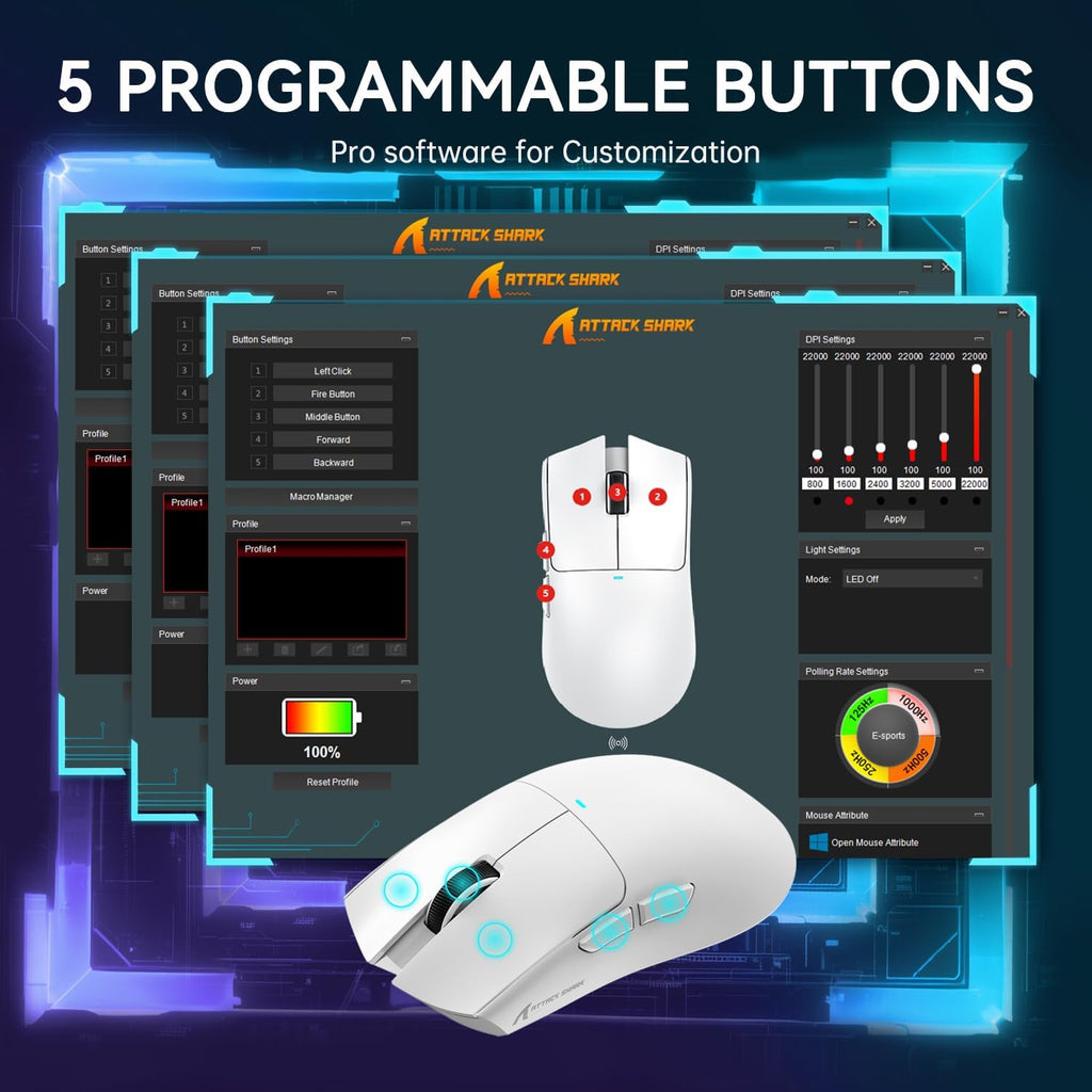 ATTACK SHARK X11 Mouse sem fio leve, 62g, RGB, conexão tri-modo (2.4G/USB-C/BT), 22K DPI, sensor PAW3311, 5 botões programáveis, base de carregamento RGB, compatível com PC/Mac-Branco