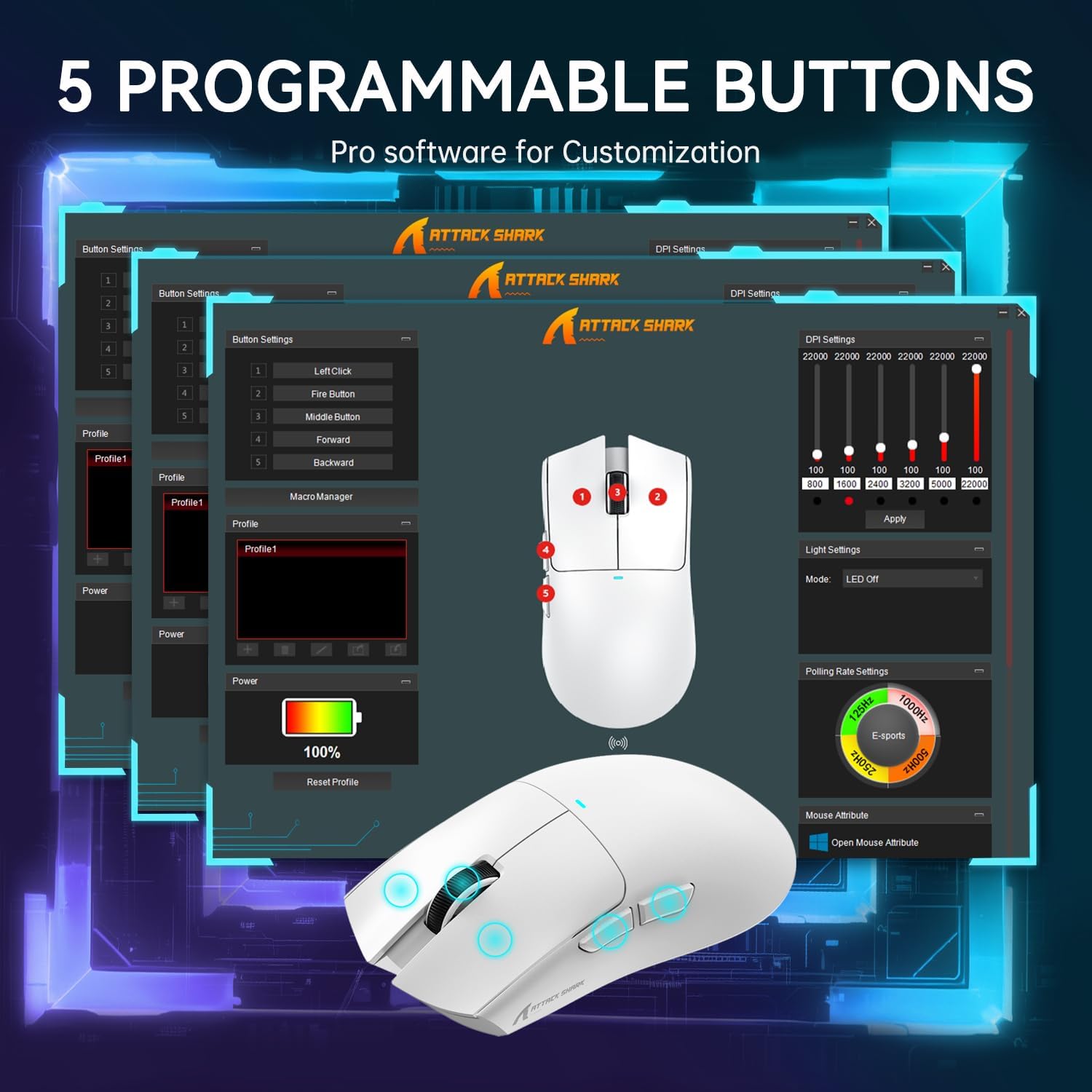 ATTACK SHARK X11 Mouse sem fio leve, 62g, RGB, conexão tri-modo (2.4G/USB-C/BT), 22K DPI, sensor PAW3311, 5 botões programáveis, base de carregamento RGB, compatível com PC/Mac-Branco