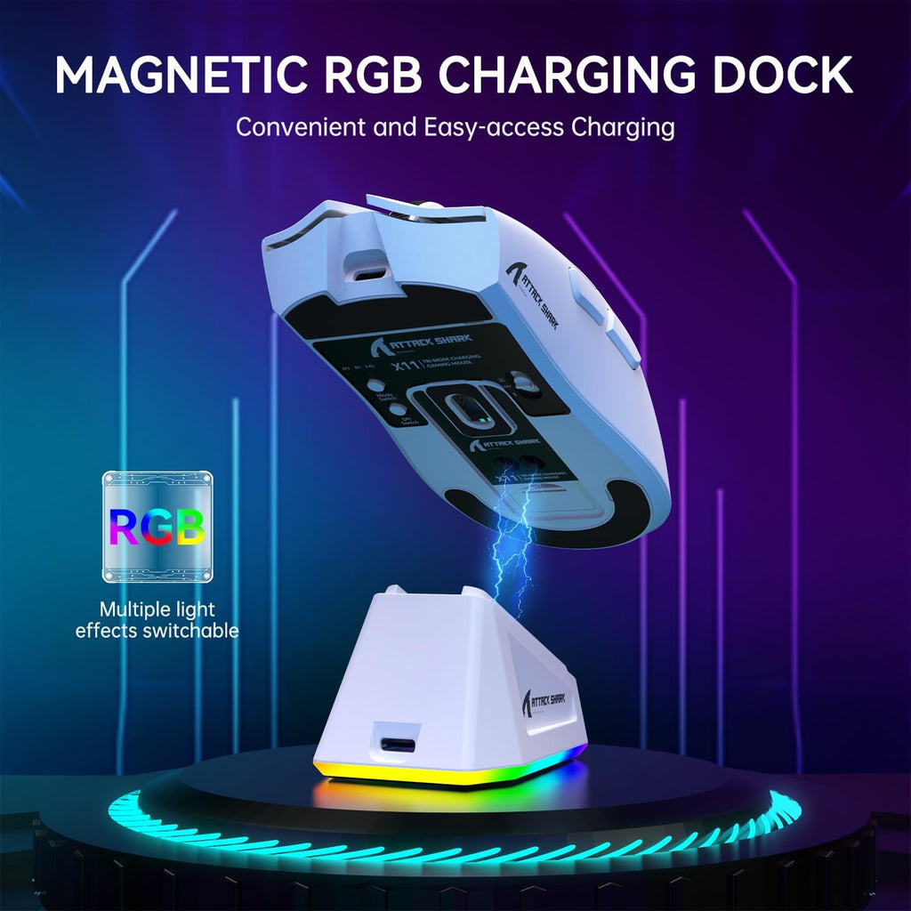 ATTACK SHARK X11 Mouse sem fio leve, 62g, RGB, conexão tri-modo (2.4G/USB-C/BT), 22K DPI, sensor PAW3311, 5 botões programáveis, base de carregamento RGB, compatível com PC/Mac-Branco